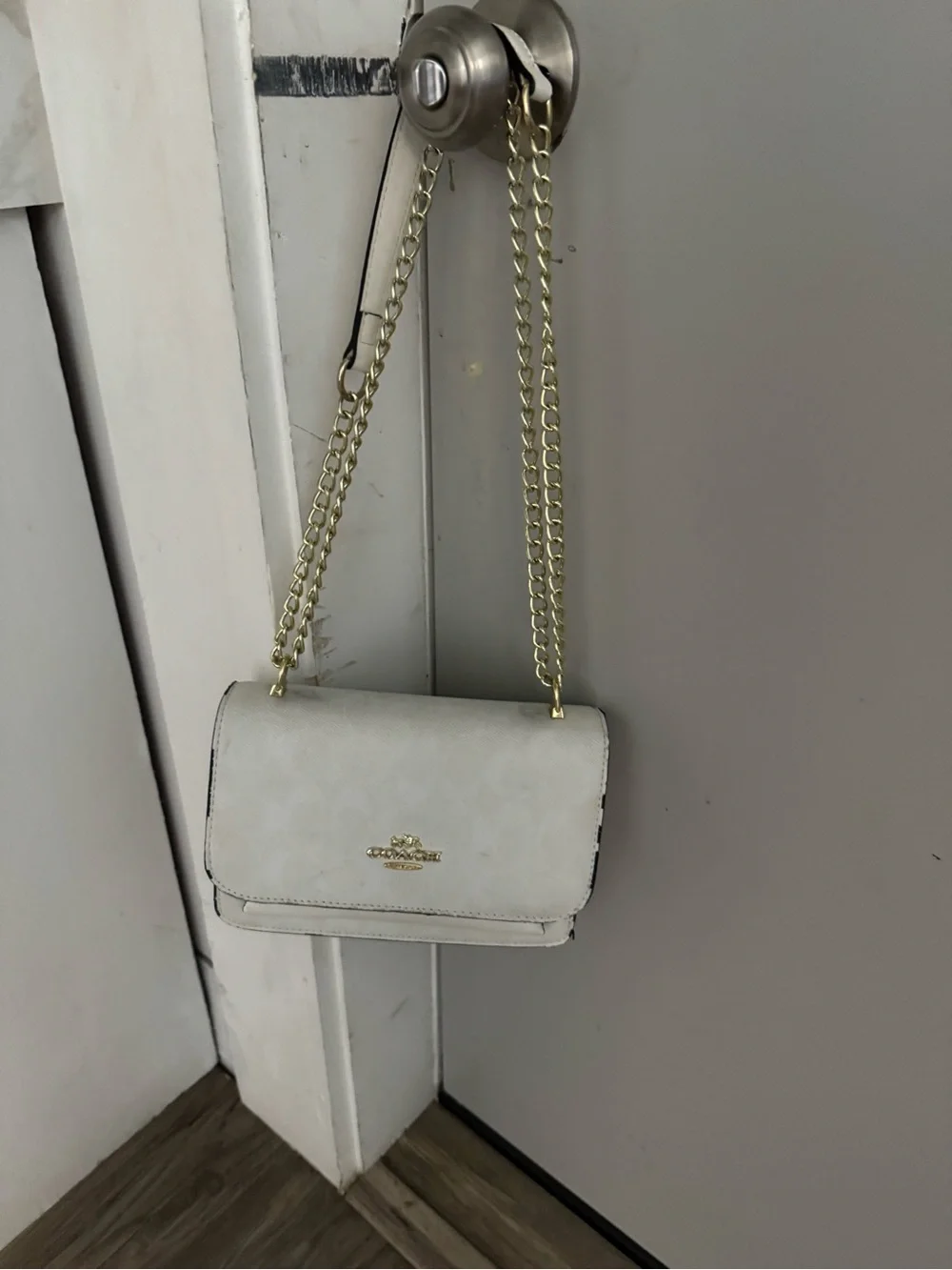 Coach Cream Leather Crossbody with Gold-Tone Chain
